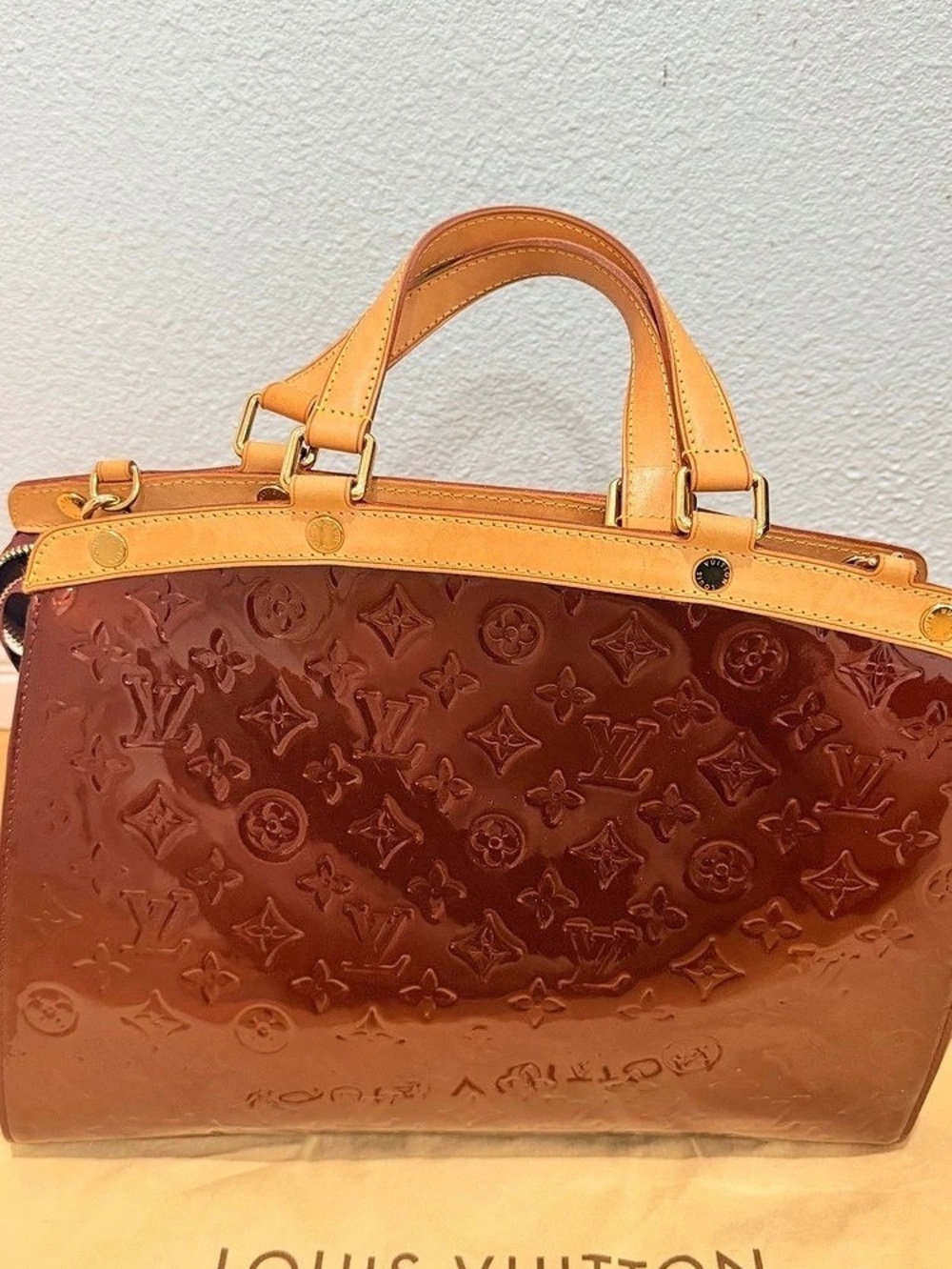 Louis Vuitton Wilshire PM Patent Monogram Satchel Brown & Red